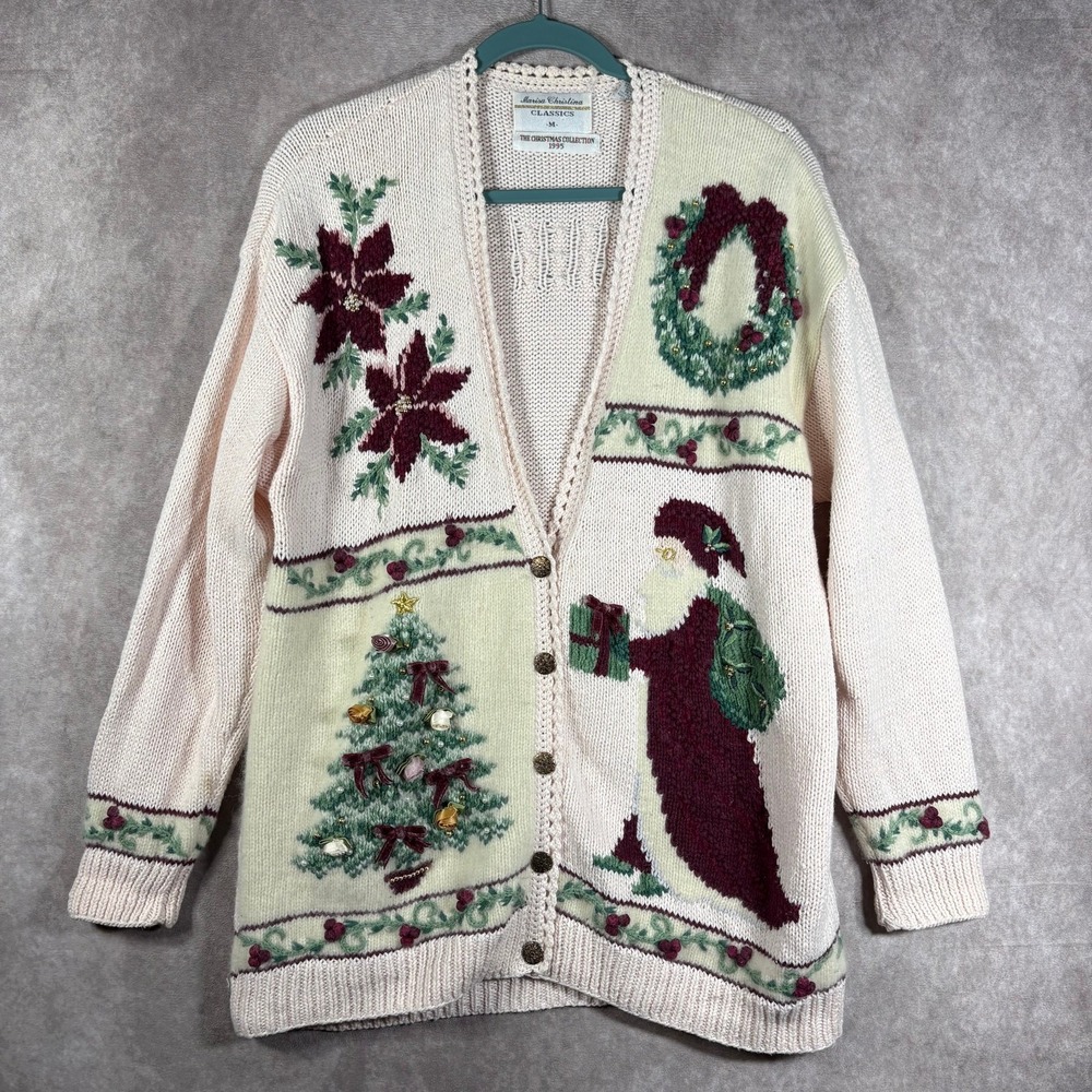 VTG Marisa Christina Christmas Collection 1995 Cardigan Sweater Womens M Pink
